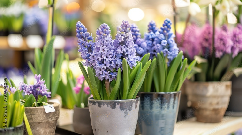 Floristic store adorned with vibrant blue violet hyacinths in pots, creating a mesmerizing display of early spring beauty.