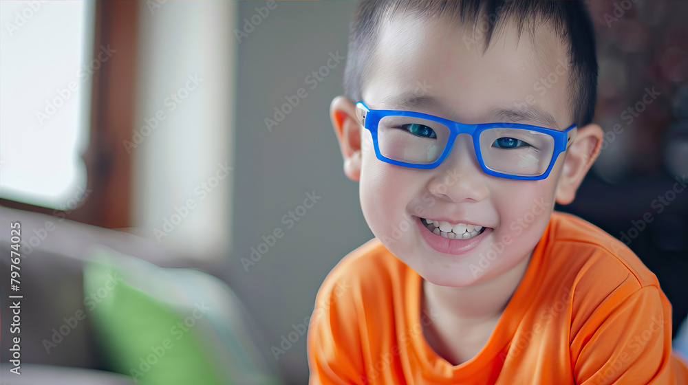 Boy with blue glasses and orange T-shirt
Boy with blue glasses and orange T-shirt