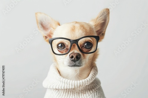 Chihuahua dog wearing a fresh color.Put on black glasses on a white Background. © Mukhtiar