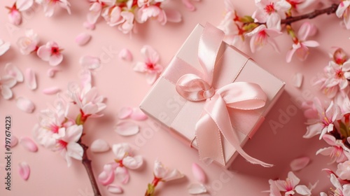 Small present gift box adorned with a delicate pale pink satin ribbon and sakura flowers.
