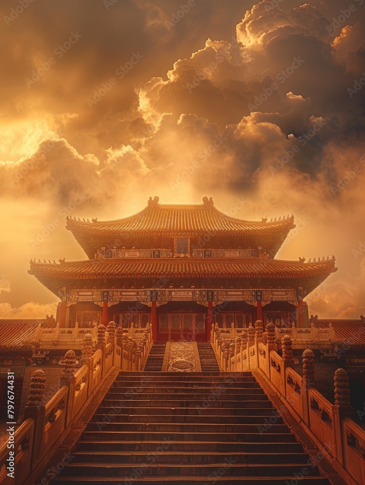 Fototapeta premium The golden palace shrouded in clouds and mist in the valley