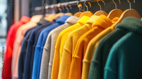 Diverse array of colorful youth cashmere sweaters, hoodies, and sweatshirts on a clothes rack for advertising merchandise.