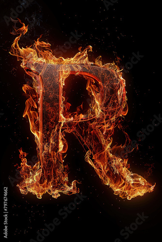 Fire letter R made of burning letters on black background
