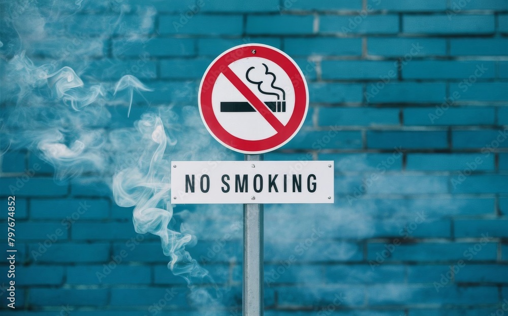 No Smoking Sign with Text Warning and Colorful Backdrop Obscured by Smoke - Health Warning, Public Spaces, Addiction Awareness No Smoking Sign with Text Warning and Colorful Backdrop Obscured by Smoke - Health Warning, Public Spaces, Addiction Awareness