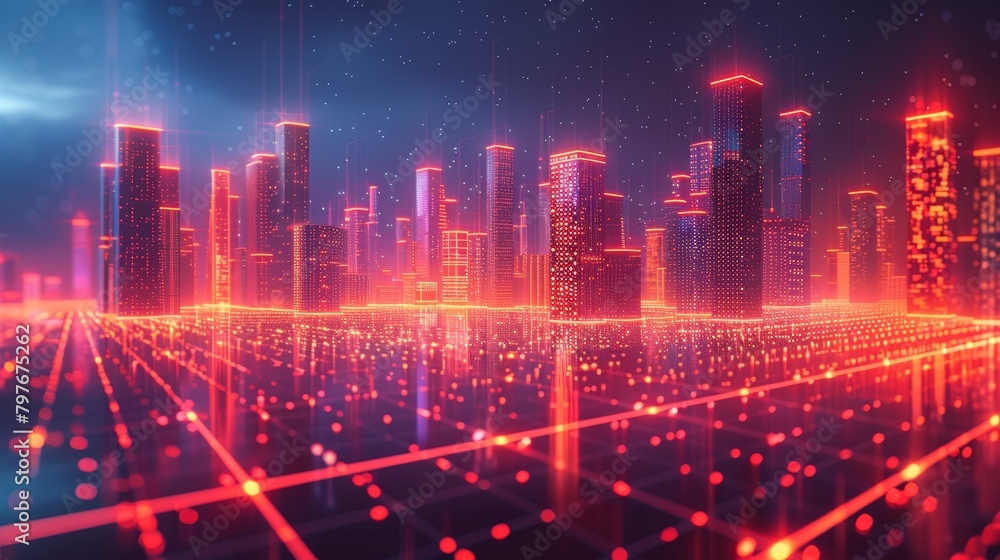 Abstract Grid scape: A 3D vector illustration of a cityscape transformed into an abstract grid pattern Abstract Grid scape: A 3D vector illustration of a cityscape transformed into an abstract grid pattern