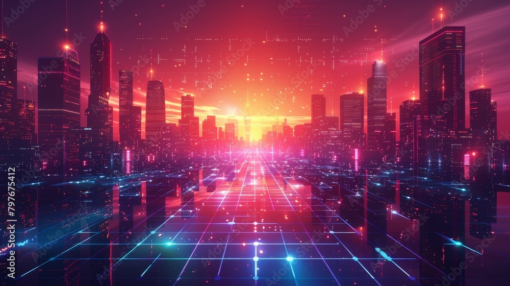 Abstract Grid scape: A 3D vector illustration of a futuristic cityscape Abstract Grid scape: A 3D vector illustration of a futuristic cityscape