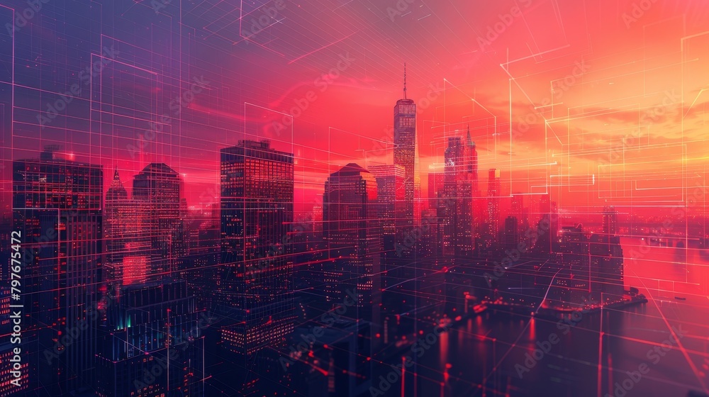 Fototapeta premium Abstract Grid scape: A photo of a city skyline with a grid pattern overlay