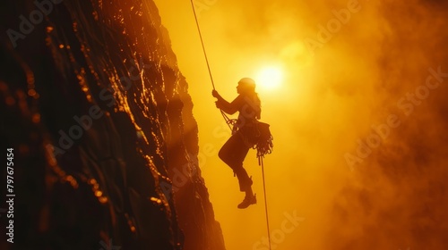Female Climber Rappelling Down Rock Face at Golden Hour