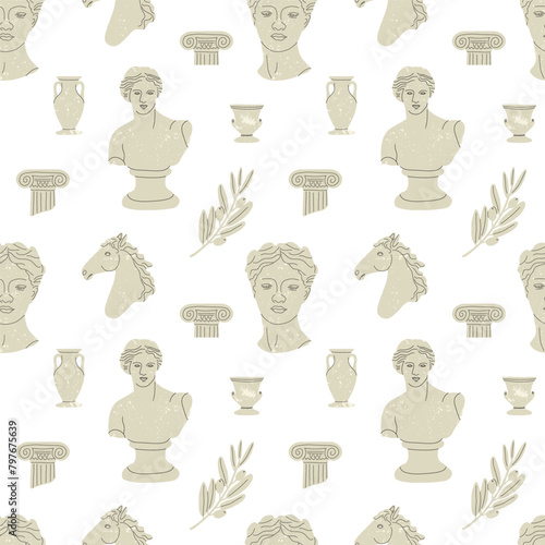 Greek statue pattern seamless. Antique marble roman sculpture, Classic statues column and vase, decor textile, wrapping paper, wallpaper design. Fabric print, contemporary vector isolated illustration © Mariya
