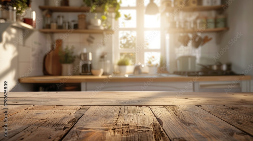 Serene kitchen setting with a rustic wooden table for product advertising. Serene kitchen setting with a rustic wooden table for product advertising.