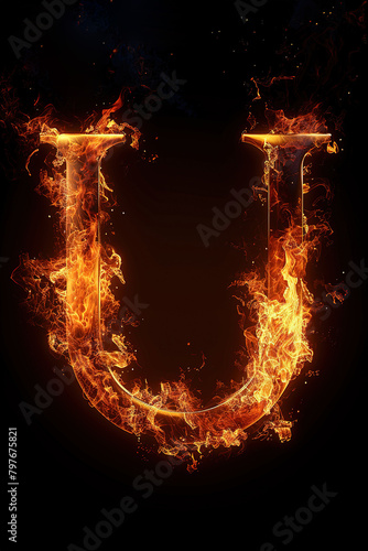 Fire letter U made of burning letters on black background