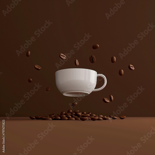 A delicate ceramic espresso cup  suspended mid-air  with scattered coffee beans around it on a deep brown background. Rendered in a minimalist clay 3D model style  the scene emphasizes the intensity 
