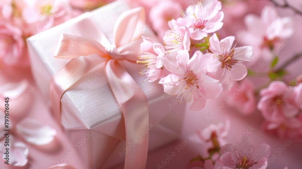 Small Present Gift Box Adorned with Pale Pink Satin Ribbon and Sakura Flowers