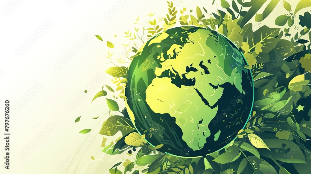 Happy earth day. Ecology concept. Design with globe map drawing and leaves on green background. illustration. ,Generative ai, 