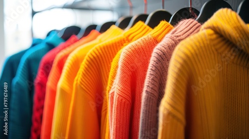 Autumn fashion collection with bright sweaters hanging on rack in retail store. Seasonal wardrobe update and clothing retail.