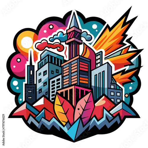 Edgy sticker depicting a modern cityscape with bold, abstract street art motifs interwoven throughout the architecture, evoking a sense of creativity and rebellion