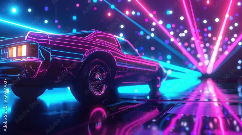 Disco-Themed Background with Vintage Car under Shiny Blue and Purple Neon Lights