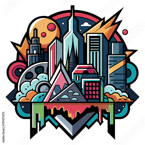 Edgy sticker depicting a modern cityscape with bold, abstract street art motifs interwoven throughout the architecture, evoking a sense of creativity and rebellion