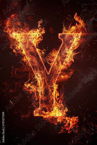 Fire letter Y made of burning letters on black background