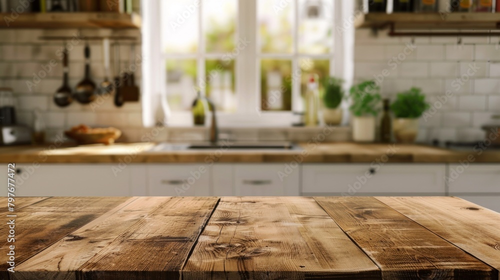 Cozy kitchen scene with a grunge natural wooden table top offering ample space for product advertising amidst a blurred background Cozy kitchen scene with a grunge natural wooden table top offering ample space for product advertising amidst a blurred background