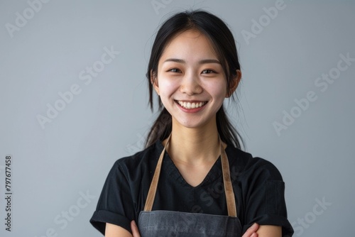 Happy confident Asian female worker in apron.