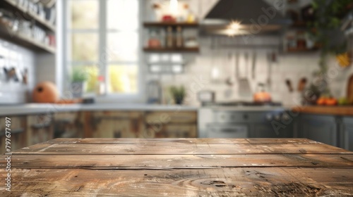 Cozy kitchen scene with a grunge natural wooden table top offering ample space for product advertising amidst a blurred background. © Postproduction