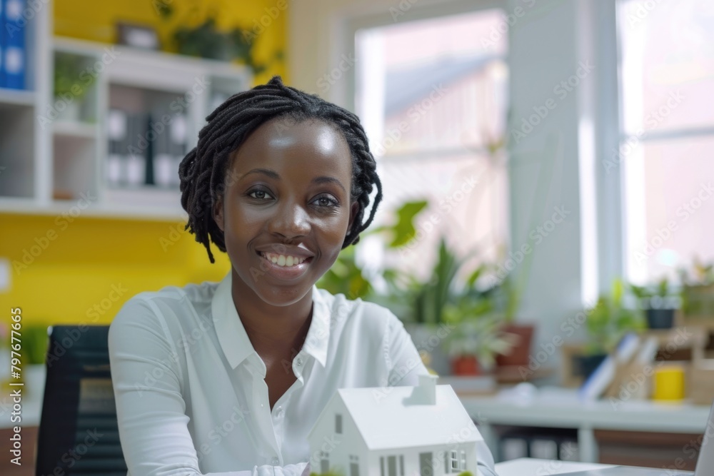 Young African businesswoman presenting house model at office desk. Young African businesswoman presenting house model at office desk.