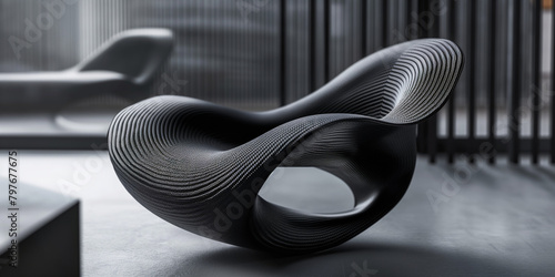  Edler schwarzer Sessel in futuristischer Form und Design als Produktfotografie, ai generativ