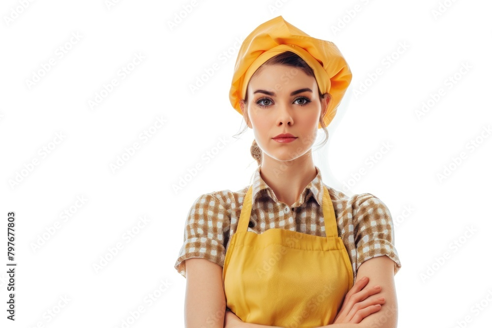 Young housewife in appron isolated on white background Young housewife in appron isolated on white background