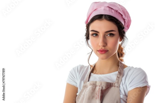 Young housewife in appron  isolated on white background