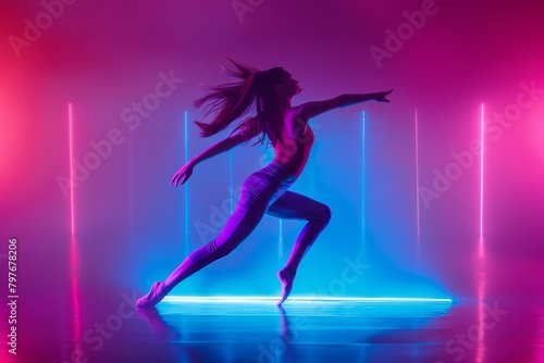 ballet dancer practicing with rainbow color shadows and purple glow, generative ai