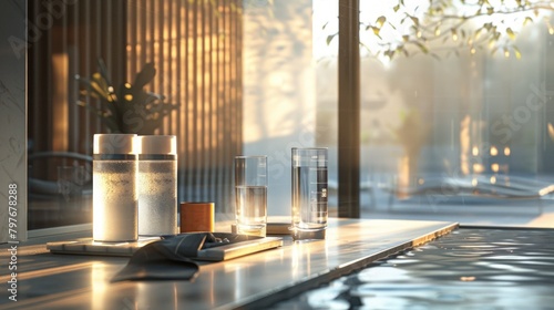 Soft morning light filters through blinds on pristine water bottles and fresh blooms