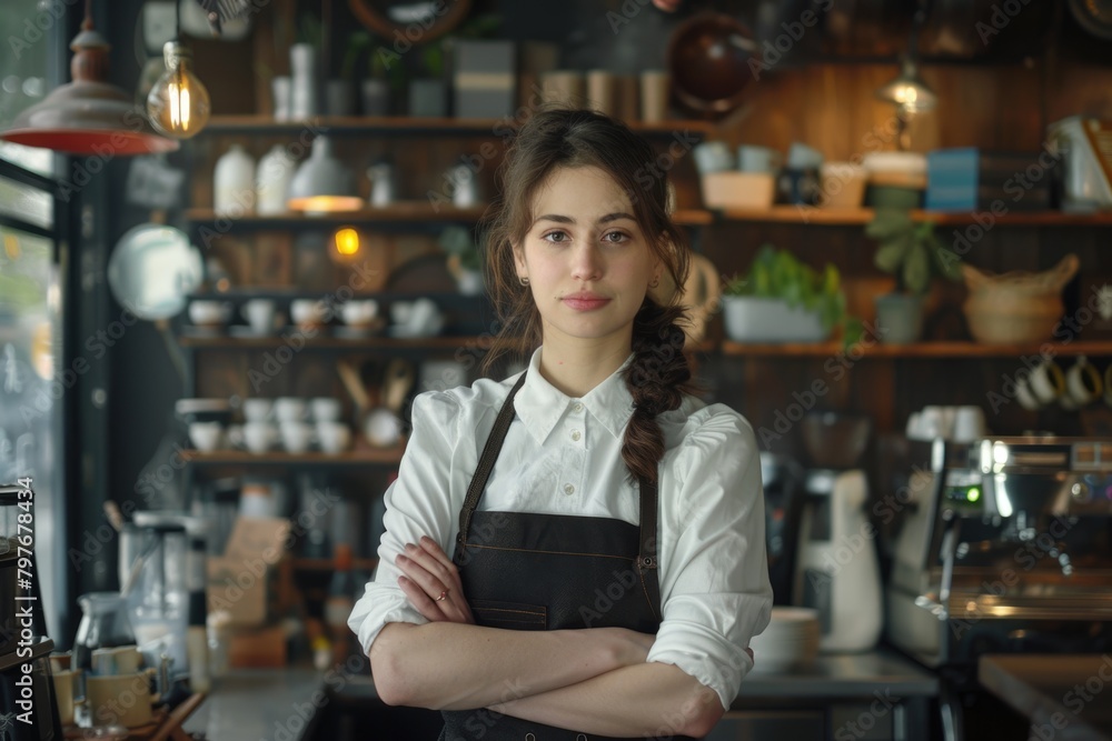 Isolated female small business owner or barista in apron.