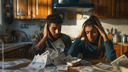 A man and a woman sitting at a kitchen table, holding their heads in their hands in disbelief as they look at a pile of unpaid bills. photo