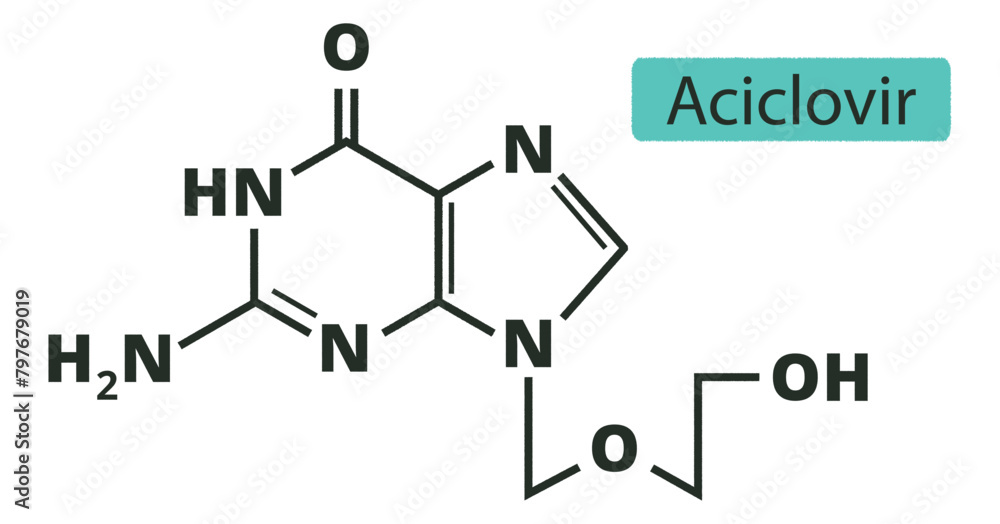 Aciclovir antiviral drug molecule. Herpes simplex virus, zoster. Structural chemical formula. Vector illustration