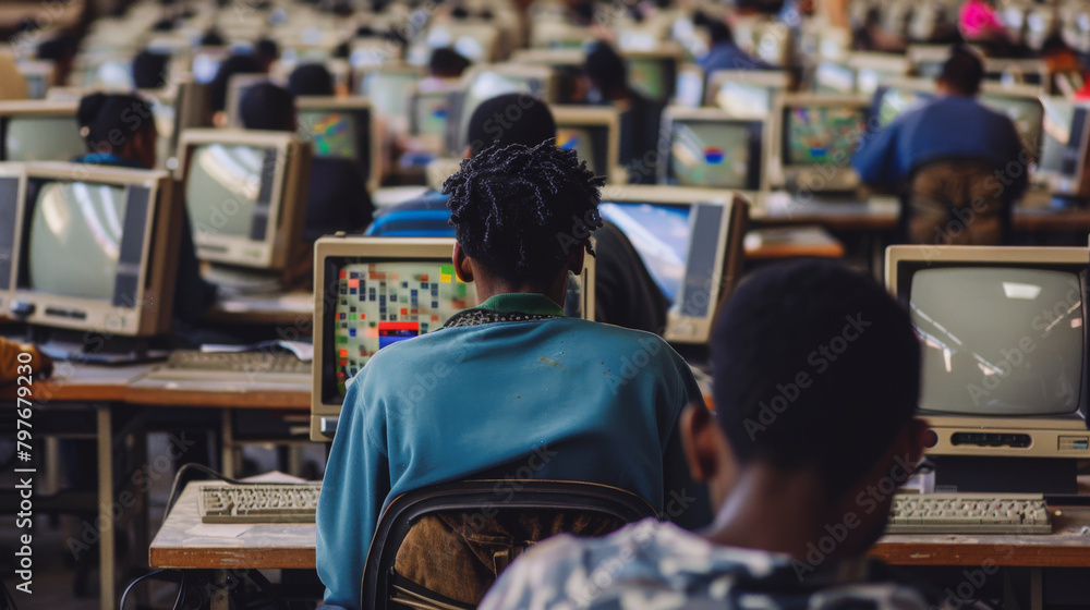 Rows of people working on old desktop computers in a crowded, busy computer lab. Rows of people working on old desktop computers in a crowded, busy computer lab.