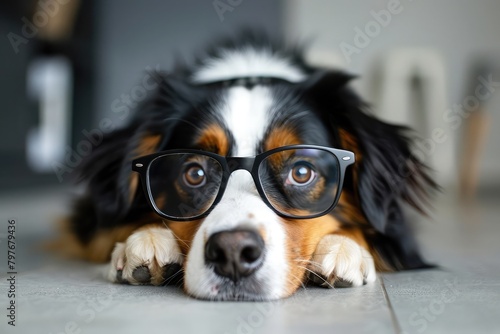 Cute dog in black glasses lying on floor with funny look. Smart dog learning and reading. Vision problem, eye care in dogs