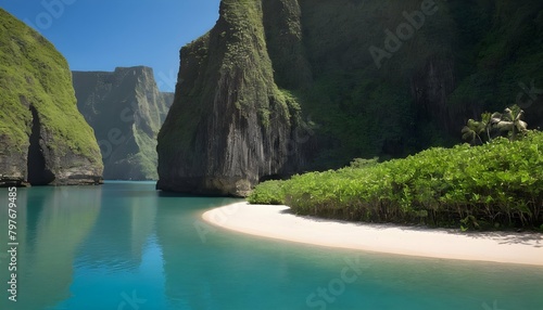 A secluded lagoon hidden by towering cliffs upscaled 4