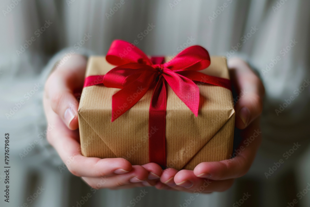 Close-up of two hands presenting a gift wrapped in gold paper with a red ribbon, suggesting a gesture of giving. Close-up of two hands presenting a gift wrapped in gold paper with a red ribbon, suggesting a gesture of giving.