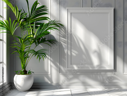 Tropical Touch: White Frame Mockup and Palm Plant Infuse Sleek Office with Greenery