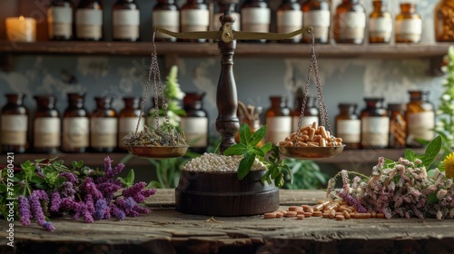 An old wooden table with a balance scale, herbs, and flowers on it.