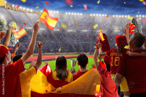 Spain football team supporter on stadium.