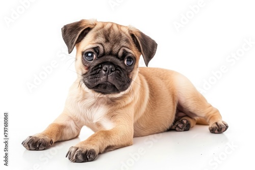 Cute pug puppy  isolated on white background  happy dog