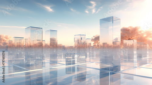 Surreal landscape of floating glass cubes reflecting the sky