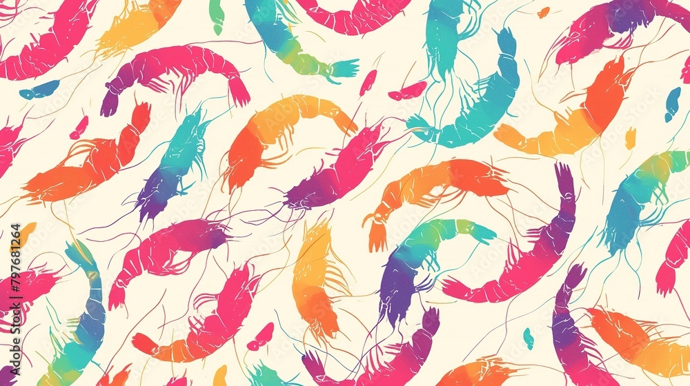 Shrimp pattern. Multicolored, volumetric design. Forward and reverse direction. Simple isolated  ,Generative ai, 
