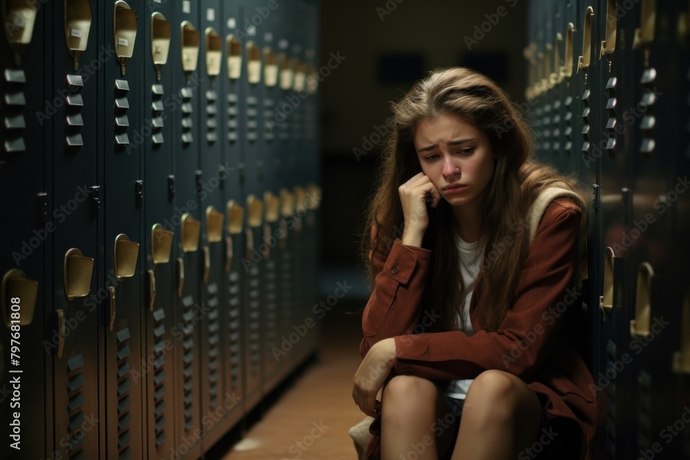 Highschool student sad at locker hallway worried disappointment contemplation. Highschool student sad at locker hallway worried disappointment contemplation.