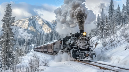 black steam locomotive train, snowy landscape, forest mountain view, 16:9