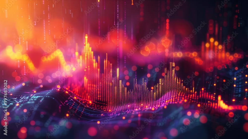 Colorful digital landscape with glowing particles and a bright light in the background.
