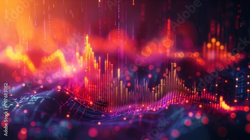 Colorful digital landscape with glowing particles and a bright light in the background.