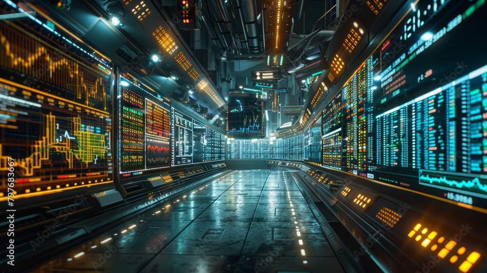 Futuristic spaceship interior with glowing panels and lights